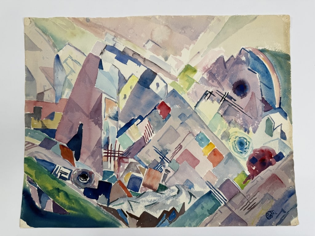 Leighton Cram (1895-1981) Watercolor/Paper: Leighton R. Cram, American (1895-1981) watercolor on paper abstract expressionist landscape scene. Signed lower right. Minor wear along the edges of the work, otherwise in good condition. Measures 13