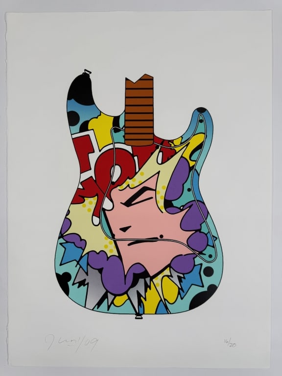 John 'Crash' Matos (b. 1961) Signed Lithograph: John 'Crash' Matos, American (b.1961) signed lithograph "Face Guitar". Signed and dated '09 lower left, numbered 16/20 lower right. Minor wear along the edges of the work, otherwise in good condition.