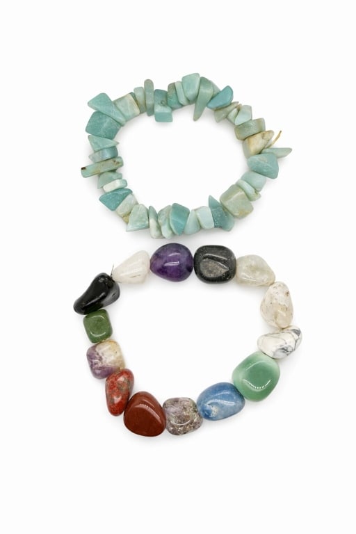 Pair Of Gemstone/Agate Stretch Bead Bracelets: Pair of polished gemstone and agate stretch bead bracelets. No make or marks. Minor signs of wear and age on both, otherwise in good condition.