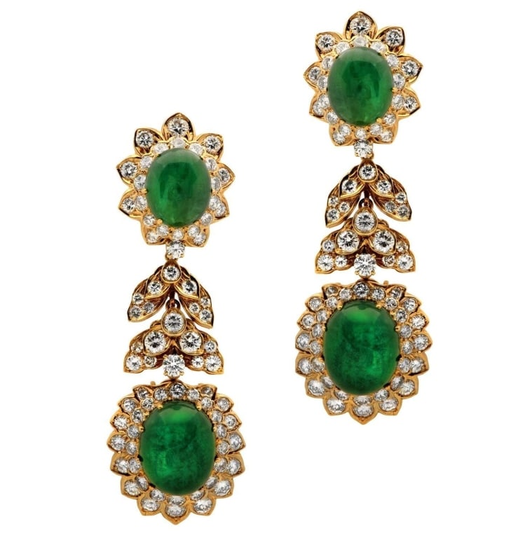 David Webb 18K Yellow Gold Emerald Earrings: David Webb 18K Yellow Gold Emerald Cabochon & 9 Carat Diamond Dangle Earrings SKU: 48547 Elevate your elegance with the David Webb Emerald Cabochon and Diamond Dangle Earrings, exquisitely crafted in
