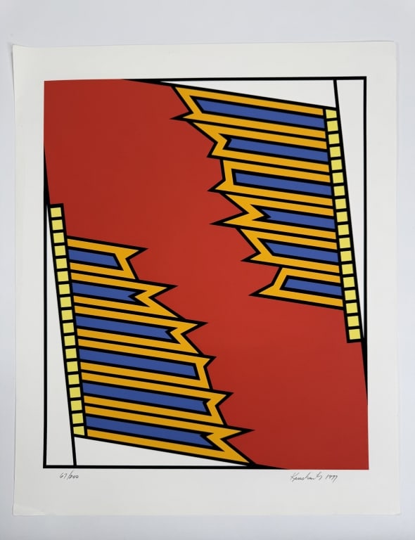 Nicholas Krushenick (1929-1999) Signed Serigraph: Nicholas Krushenick, American (1929-1999) signed serigraph "Silver Liner". Signed and dated 1977 lower right, numbered 67/200 lower left. Minor wear and creasing along the edges of the work, otherwise