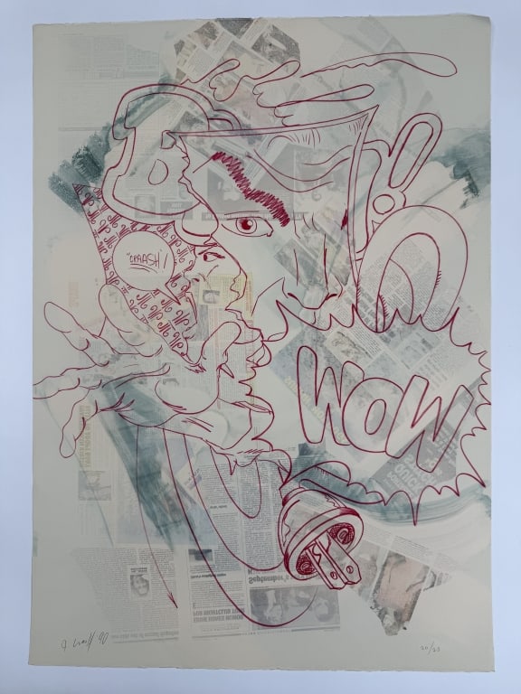 John 'Crash' Matos (b. 1961) Signed Serigraph: John 'Crash' Matos, American (b.1961) signed serigraph "WOW". Signed and dated '90 lower left, numbered 20/25 lower right. Minor wear along the edges of the work, otherwise in good condition. Measures