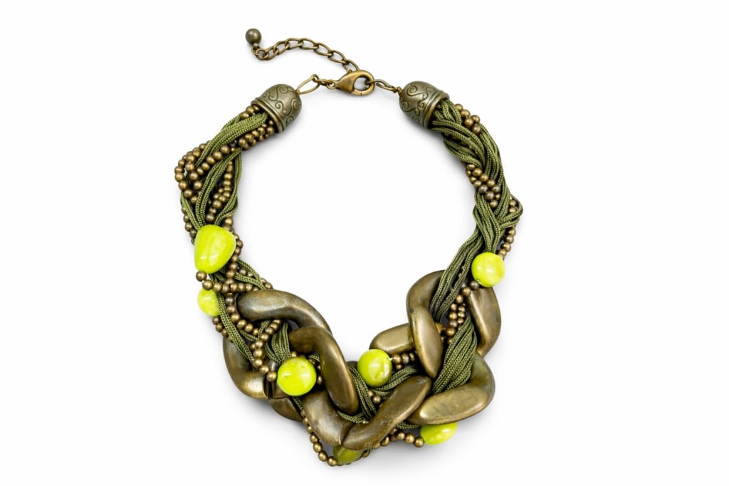 Vintage Statement Multi-Strand Necklace: Vintage statement multi-strand bead and metal link necklace. No make or marks. Clasp can be connected in multiple spots to adjust length. Signs of wear, age and discoloration of the metal, otherwise i