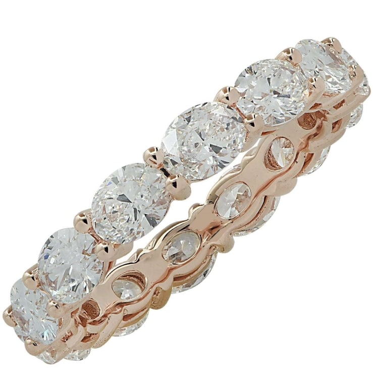 2.65 Carat East West Diamond Eternity Band: 2.65 Carat East West Diamond Eternity Band in 18K Rose Gold - 14 Oval Cut D-E VVS Diamonds SKU: 50074 Discover the elegance of the 2.65 Carat East West Diamond Eternity Band, an exquisite piece meticu