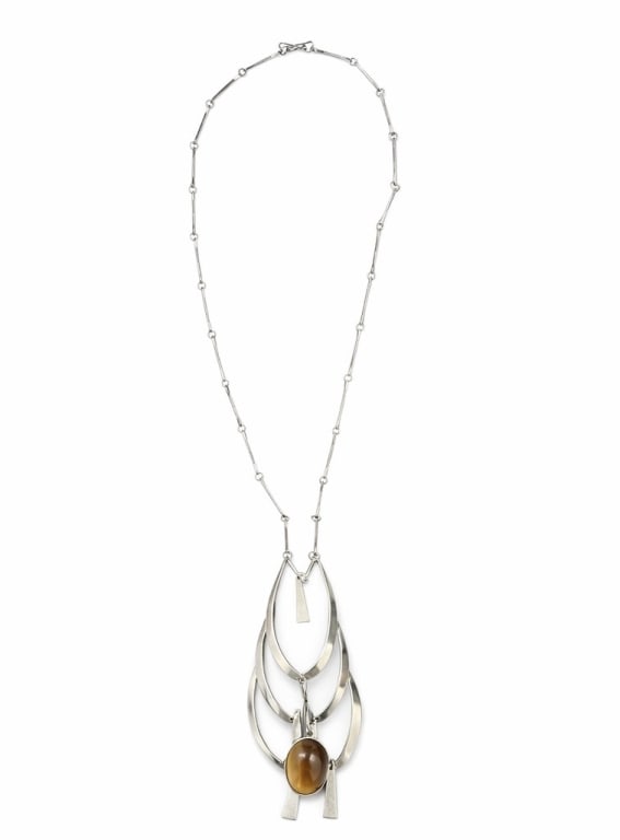 Vintage Sterling Silver Modernist Pendant Necklace: Vintage .925 sterling silver modernist pendant necklace with gemstone. Stamped 'A6' on clasp, 'Sterling Israel' on back of pendant. Signs of wear and some signs of tarnishing, otherwise in good condit