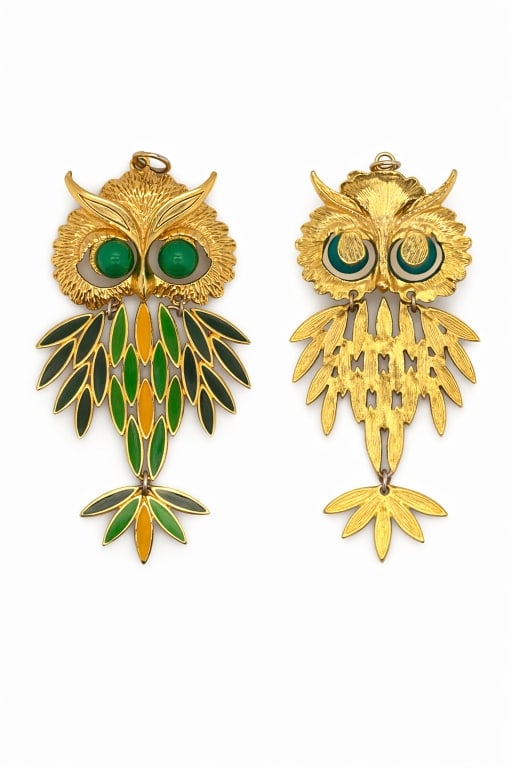 Vintage Gold Toned Enamel Owl Pendant: Vintage gold toned enamel owl pendant with gemstone eyes. No make or stamps. Some minor signs of age and wear, otherwise in good condition.