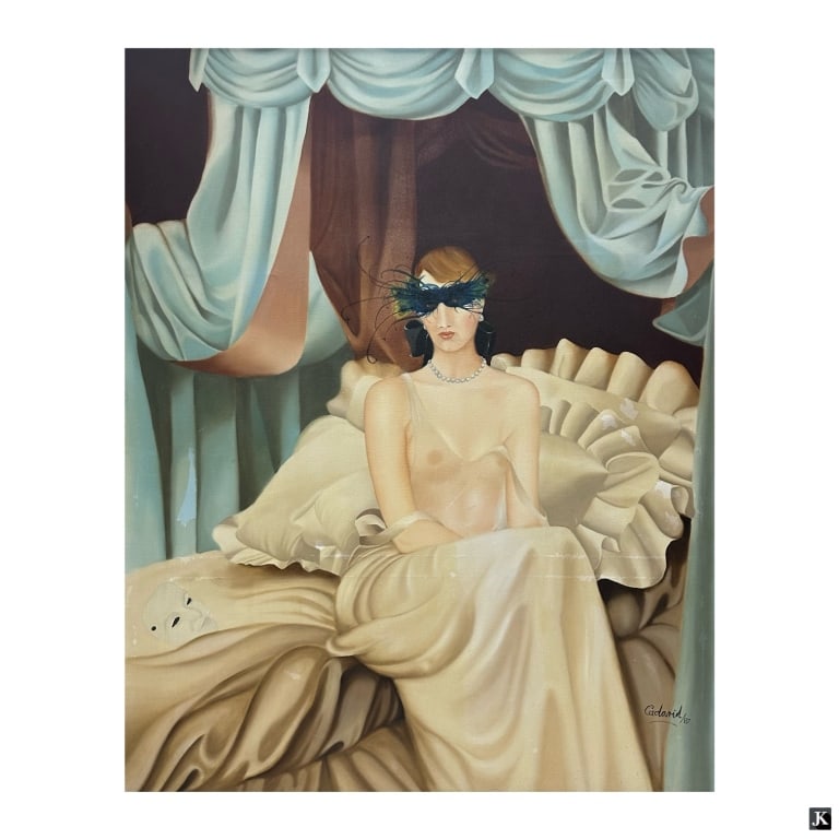 Carlos Cadavid (USA B1946) Large Oil On Canvas: Carlos Cadavid (COLOMBIAN / UNITED STATES / FLORIDA, Born 1946) large oil painting on canvas depicting a seated woman with opera mask titled "Concord". Signed to lower right and dated 1987. Mounted in