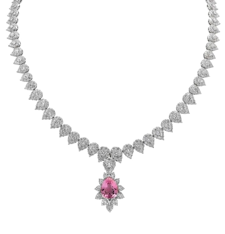 18k White Gold Diamond Necklace: 18k White Gold Diamond Necklace 25ct with Removable Morganite Pendant SKU: 47340 Indulge in opulence with the Radiant Elegance necklace, an exquisite creation in 18k white gold. This luxurious piece f