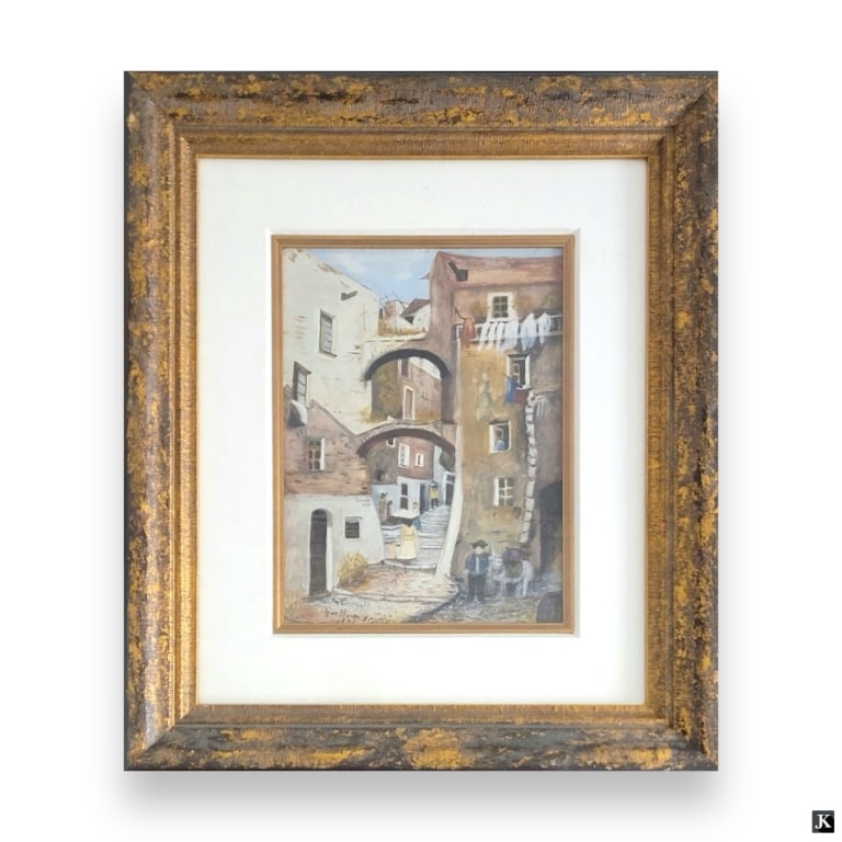 Earl Curtis 1933 Italian Street Scene Watercolor: Signed Earl Norm S. Curtis watercolor on paper depicting an Italian street scene. Signed to lower left and dated 1933. Mounted in a copper and black tone wooden frame with mat behind glass screen.