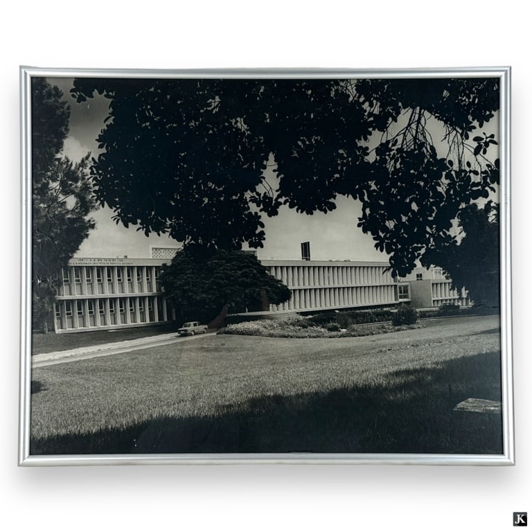Photographic Print Of The K. B. Weissman Institute: A vintage photographic print depicting the K. B. Weissman Institute of Physical Sciences. Mounted in a silver tone metal frame. Measures approx. 17 1/4" height x 21 1/4" width overall including