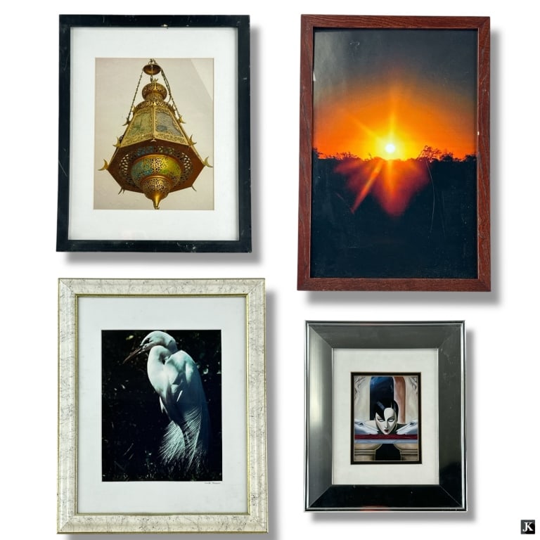 Goup of 4 Decorative Color Prints: Group of 4 Decorative Color Prints. Framed and under glass. Vintage condition with fading, toning, wear. Largest measures 19-3/8" x 13-3/8". Keywords: decorative color prints, framed artwork, vintage