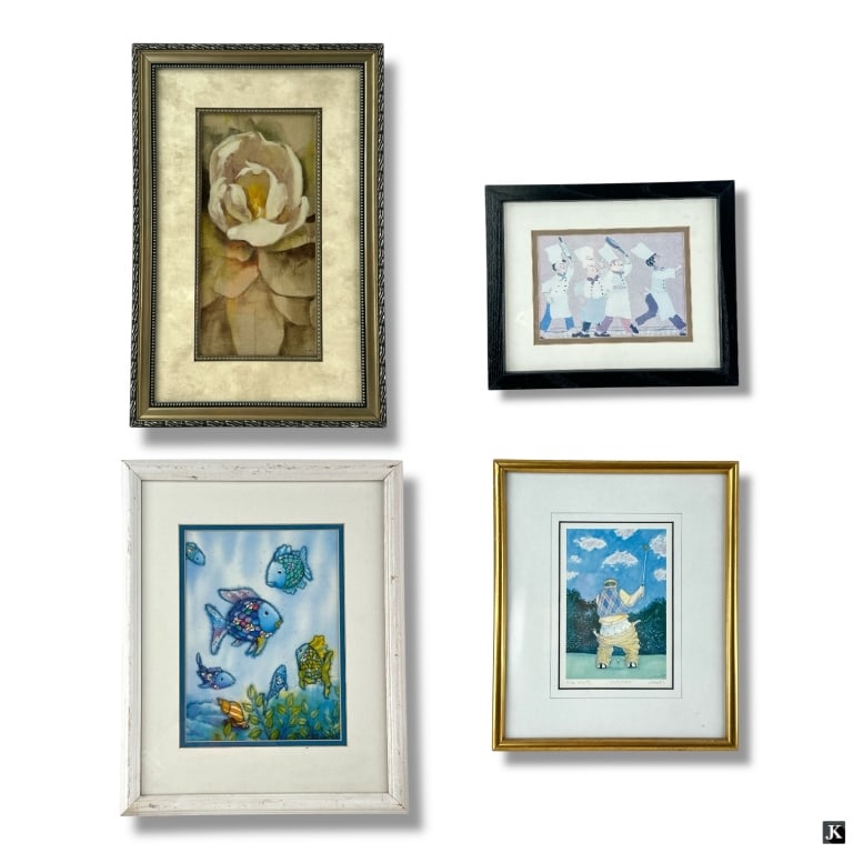 Group of 4 Decorative Color Prints: Group of 4 Decorative Color Prints. Framed and under glass. Vintage condition with fading, toning, wear. Largest measures 17-3/4" x 11-3/4". Keywords: decorative color prints, framed artwork, vintage