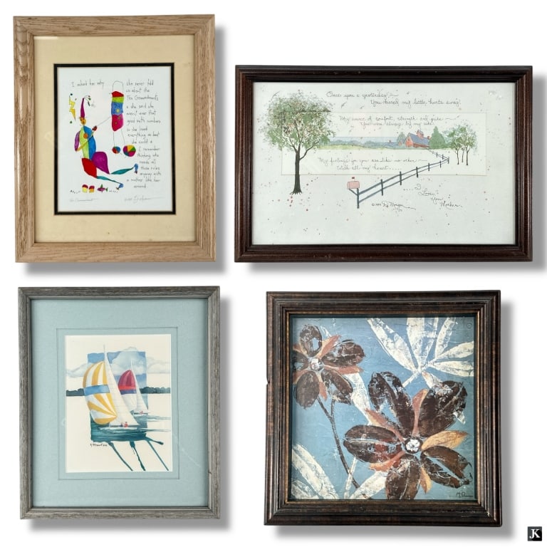 Group of 4 Decorative Color Prints: Group of 4 Decorative Color Prints. Framed and under glass. Vintage condition with fading, toning, wear. Largest measures 16" x 13". LA/B13/SH:18A