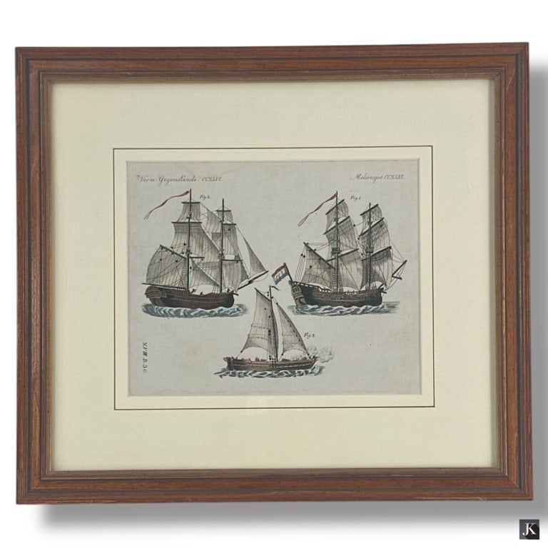 German School Engraving Warships of Different Kind: Antique German School Engraving "Warships of Different Kinds". Framed, matted and presented under glass. Good condition. Measures 14" x 15-3/4" overall including frame. LA/B13/SH:18A