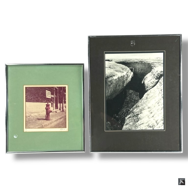 2 Framed Decorative Prints: Includes two framed decorative prints:Rocks & Water, a black and white print, measures 21" H x 16 1/2" W Fire Hydrant, signed, dated ’76, and numbered 1/5, measures 16 1/4" H x 14 1/4" W Both works