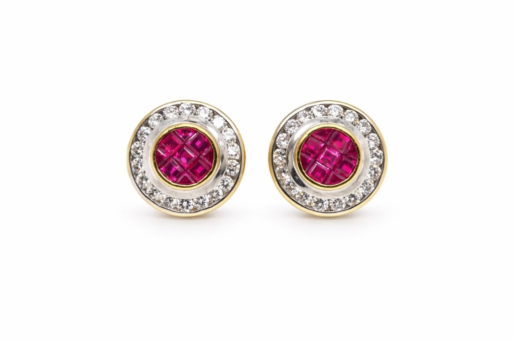 18K White & Yellow Gold Ruby & Diamond Earrings: 18K White & Yellow Gold Ruby & Diamond Earrings Stamped "M" 750. Ruby & Diamond STUD Earrings