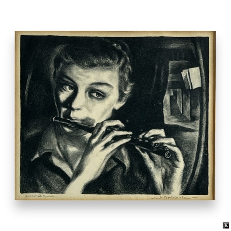 Jack Bookbinder Lithograph "Mirrored Music: Jack Bookbinder, Ukraine/USA (1911-1990) Lithograph on off-white wove paper. Titled and signed in pencil in lower margin. Toning or in good condition. Measures 8-3/4" x 10-1/8" (sight) 19-1/4" x 18-3/