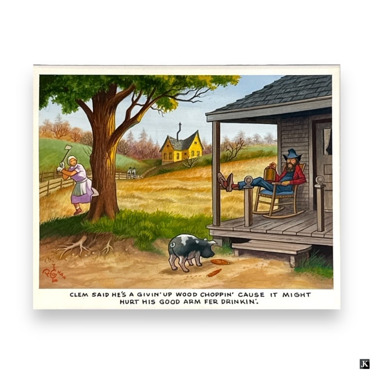 Lloyd Rognan (USA 1923-2005) Calendar Illustration: Lloyd Norman Rognan (AMERICAN / MISSOURI, 1923 - 2005) whimsical calendar illustration gouache on artist board. Signed to lower right. Mounted in a black and gold wooden frame with mat behind acrylic