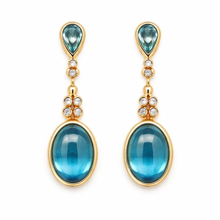 Hallmarked 18K Yellow Gold Drop Earrings: Hallmarked 18K Yellow Gold Zircon & Diamond Cabachon Drop Earrings. Stamped 18K Hallmarked 6.7 DWT Measures 1 1/4 Long