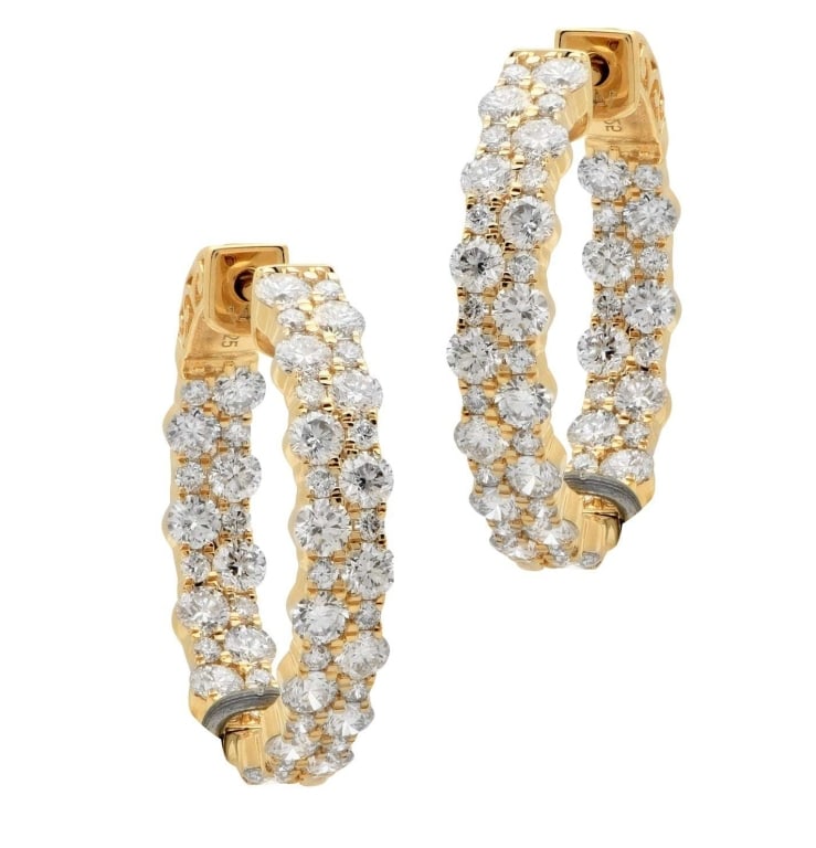 14K Yellow Gold Hoop Diamond Earrings: 14K Yellow Gold Hoop Diamond Earrings with 100 Round Brilliant Diamonds, 3.4 Carats, SI Clarity SKU: 49419 Indulge in the elegance of the Hoop Diamond Earrings. Crafted with precision, these stunning