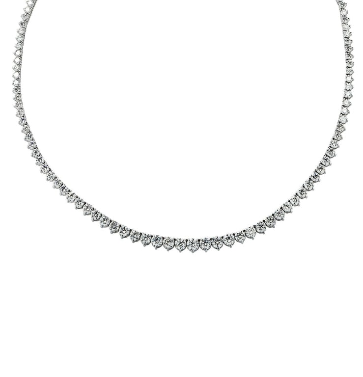 8.55 Ct Riviera Necklace in 14K White Gold: 8.55 Ct Riviera Necklace in 14K White Gold with 179 G-H SI Diamonds SKU: 36279 Indulge in the elegance 8.55 Carat Diamond Riviera Necklace. This exquisite jewelry piece is crafted from premium 14 Kara