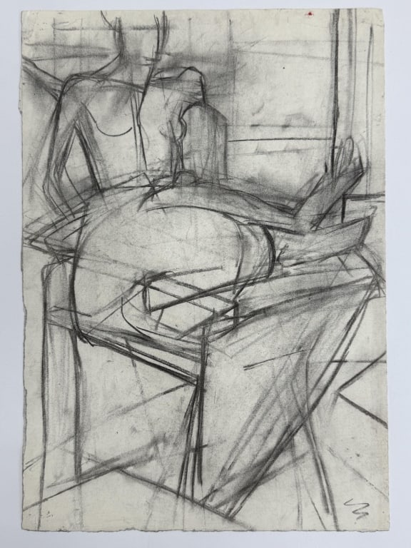Artist Unknown Charcoal Sketch/Paper: Artist unknown charcoal sketch on paper "Abstract Figure". Unsigned. Minor wear along the edges of the work and small tear upper right, otherwise in good condition. Measures 19 5/8" x 13 3/4" 7A