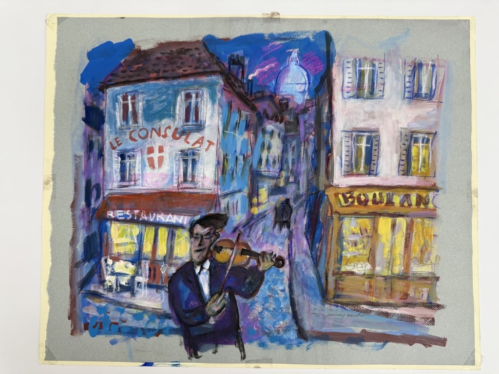 Artist Unknown Gouache/Paper: Artist Unknown gouache on paper "Paris Street Musician". Signed illegibly lower right. Affixed by tape to a thin board. Work is in good condition. Measures 19 1/2" x 23 3/4" 7A