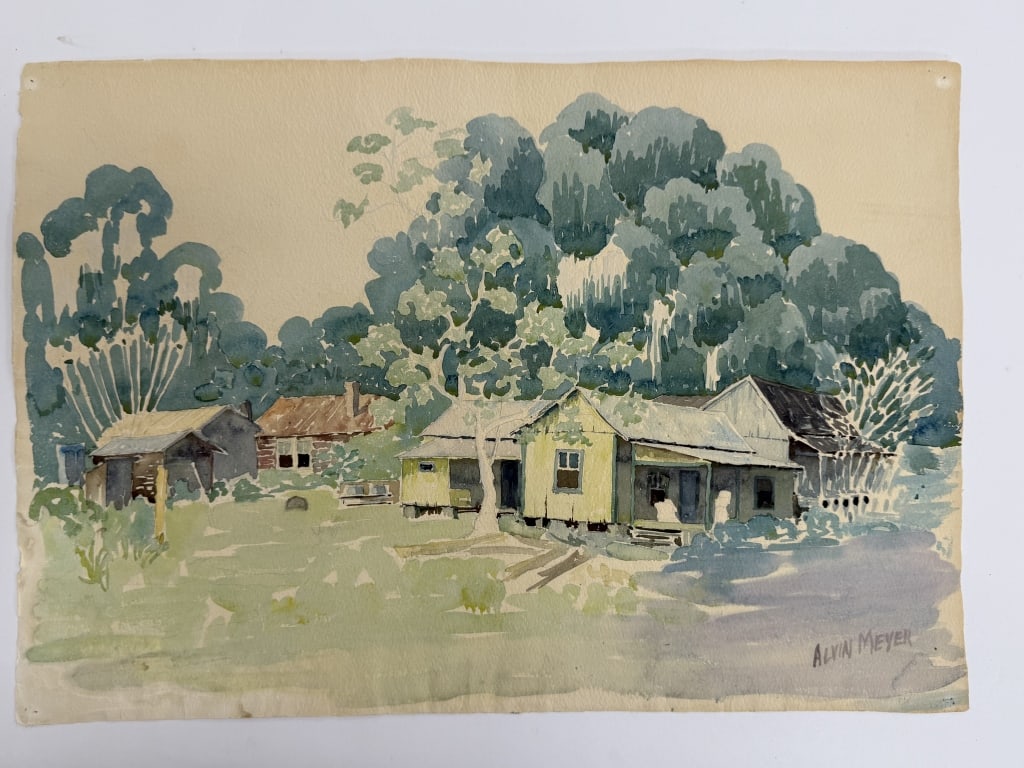 Alvin Meyer (1892-1976) Watercolor/Paper: Alvin Meyer, American (1892-1976) watercolor on paper "Houses". Signed lower right. Minor wear along the edges of the work, otherwise in good condition. Measures 15" x 22 1/2" 7A