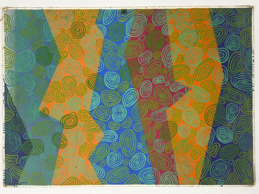 Rolph Scarlett (1889-1984) Acrylic/Board: Rolph Scarlett, Canada (1889-1984) acrylic on board "Swirls". Minor wear along the edges of the work and a tear, otherwise in good condition. Measures 19 3/4" x 27 1/2" 7A