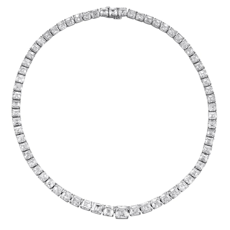 78.85ct Asscher Cut Diamond Necklace: 78.85ct Asscher Cut Diamond Necklace- V53137 A breathtaking display of precision and brilliance, this platinum diamond necklace features an extraordinary 78.85 carats of Asscher cut diamonds. Each sto