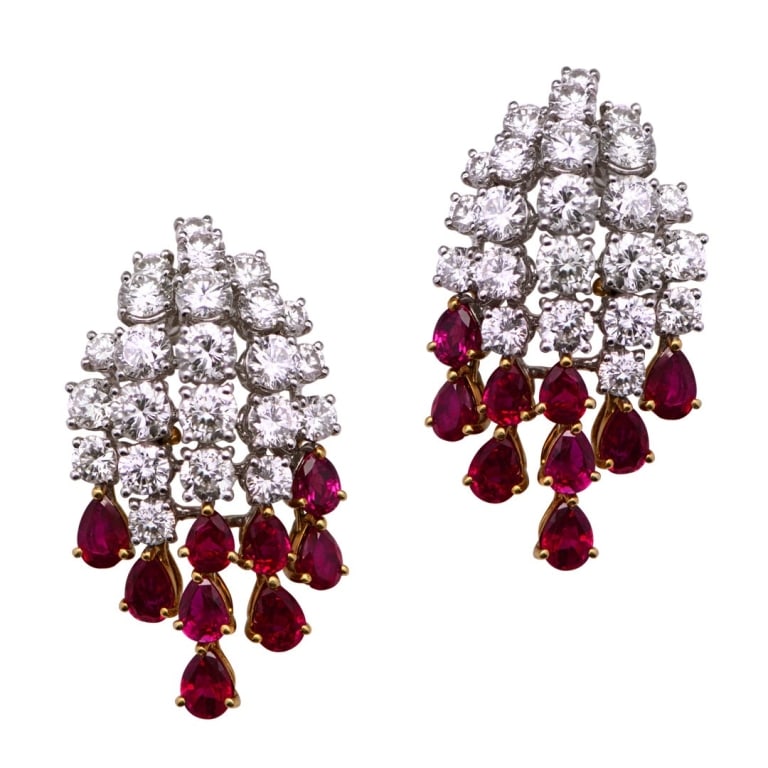 18k Two Tone Diamond & Ruby Dangle Earrings (1 of 3)