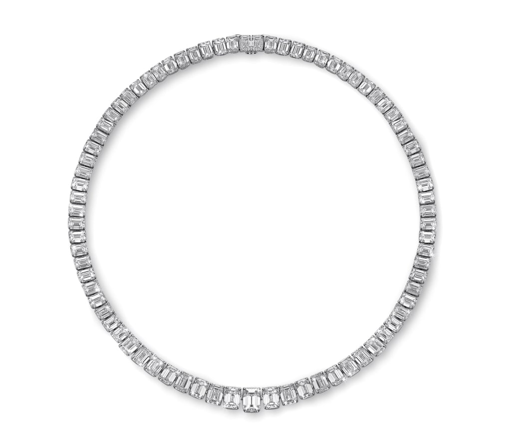 88.15 Carat Platinum Diamond Necklace: 88.15 Carat Platinum Diamond Necklace V53090 An extraordinary high-jewelry masterpiece, this platinum diamond necklace showcases an impressive 88.15 carats of emerald cut diamonds. Each stone is metic