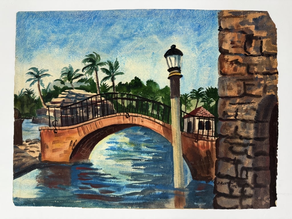 Fritz Rockwell (1917-1997) Watercolor/Ink/Paper: Fritz Rockwell, American (1917-1997) watercolor and ink on paper. Signed and dated 1942 lower right. Some information verso, illegible. Wear along the edges of the work and minor tear middle left and