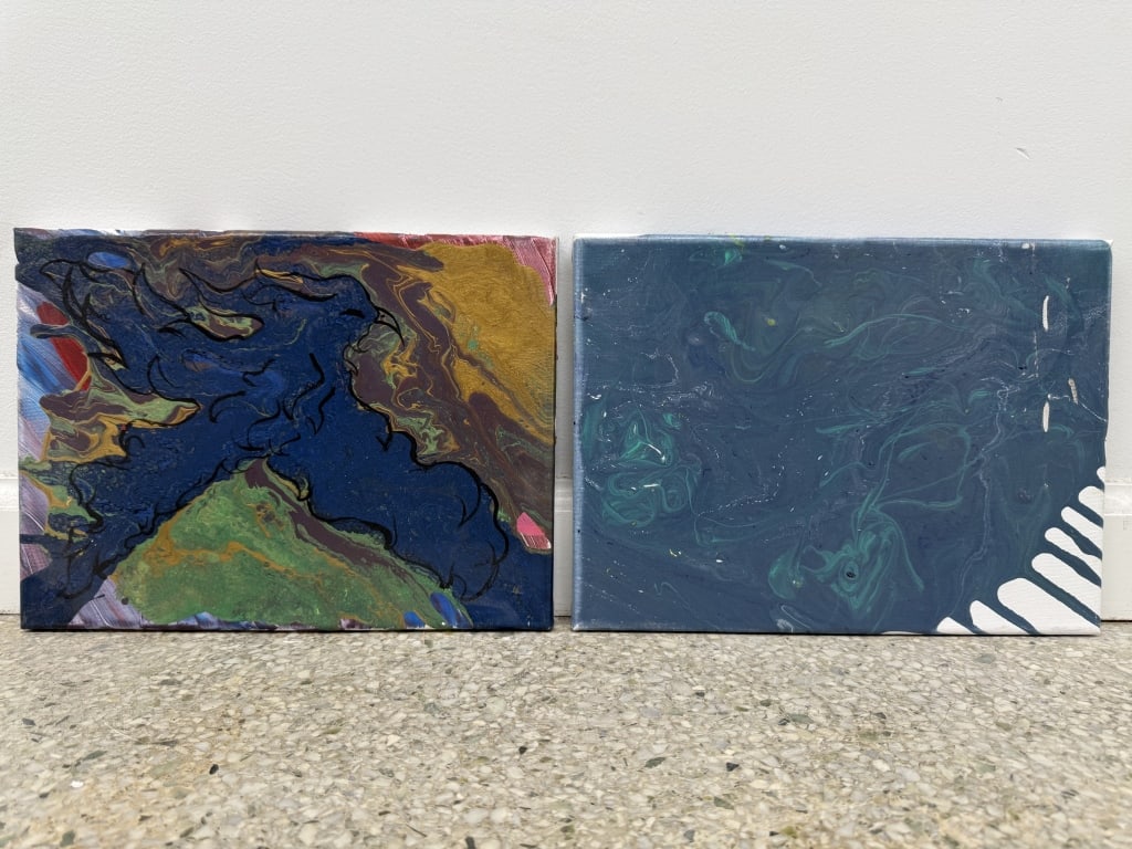 Lot Artist Unknown Mixed Media/Canvas: Pair of artist unknown mixed media on canvas works. Bird painting titled "Blue Pheniox" 2019 verso. Both works unsigned. Blue work has some cracking and chips, both works have minor wear along the edg