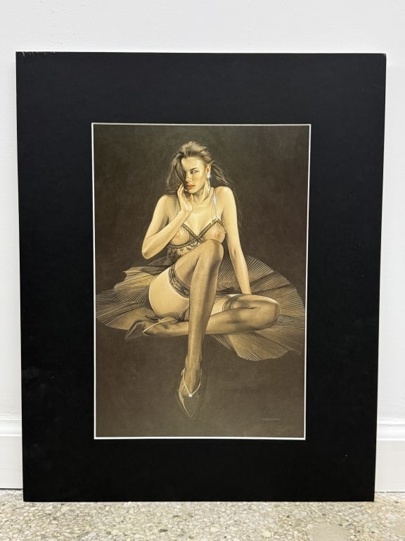 Hajime Sorayama (b. 1947) Color Print: Hajime Sorayama, Japanese (b. 1947) color print "Woman in Lingerie". Unsigned. Matted and backed by board. In good condition. Board measures 20" x 16" Image measures (sight) 14" x 9 3/4" 2A