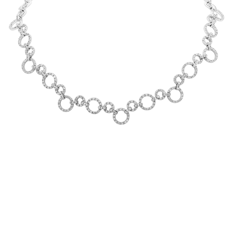 3.66ct Pavé Diamond Necklace in 18k White Gold: 3.66ct Pavé Diamond Circle Necklace in 18k White Gold – V51319 An elegant 18k white gold necklace featuring 366 round brilliant diamonds totaling 3.66 carats, set in graduated pavé open-circle lin