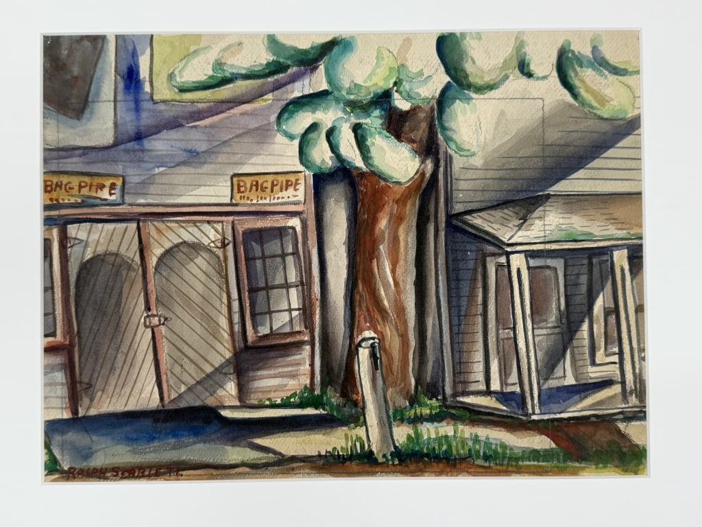 Rolph Scarlett (1889-1984) Watercolor/Paper: Rolph Scarlett, Canadian (1889-1984) watercolor on paper untitled storefront scene. Signed lower left. Matted and backed by board. In good condition. Work measures 10 1/4" x 13 3/4" Board measures 16"