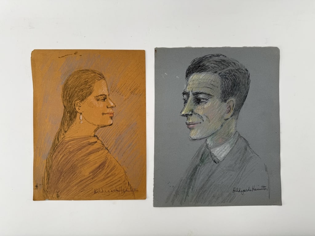 Pair Hildegarde Hamilton (1898-1970) Drawing/Paper: Pair of Hildegarde Hume Hamilton, American (1898-1970) drawings on paper depicting portraits, one of a man, the other of a woman. Both signed lower right. Some minor marks on the works and wear along