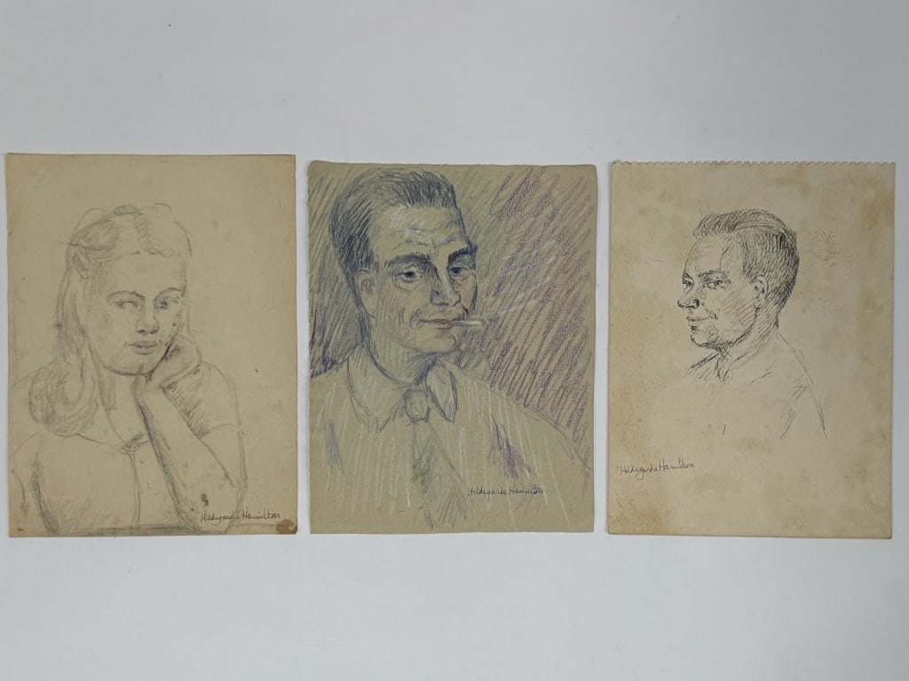 Lot Hildegarde Hamilton (1898-1970) Drawing/Paper: Lot of 3 Hildegarde Hume Hamilton, American (1898-1970) drawings on paper depicting sketch style portraits. 2 signed lower right, 1 lower left, 2 works have sketches verso. Some minor staining on work