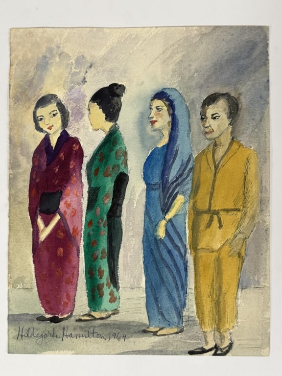 Hildegarde Hamilton (1898-1970) Mixed Media/Board: Hildegarde Hume Hamilton, American (1898-1970) mixed media (gouache and ink) on board depicting 4 people. Signed and dated 1964 lower left. Minor wear along the edges of the work, otherwise in good co