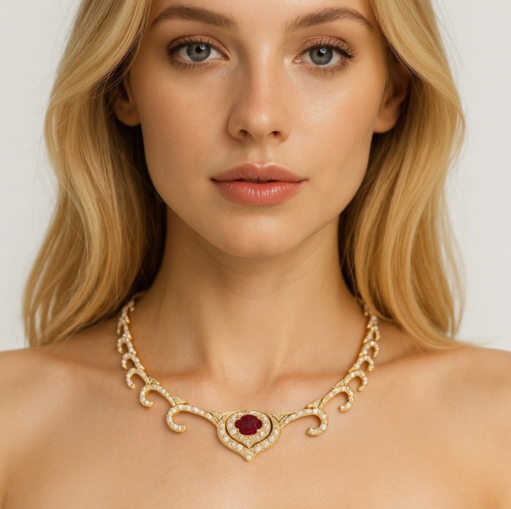 2.59 Carat Ruby and Diamond Necklace: 2.59 Carat Ruby and Diamond Necklace -V52011 This elegant ruby and diamond necklace is crafted in rich 18k yellow gold and centers around a vibrant 2.59-carat oval ruby, celebrated for its vivid color