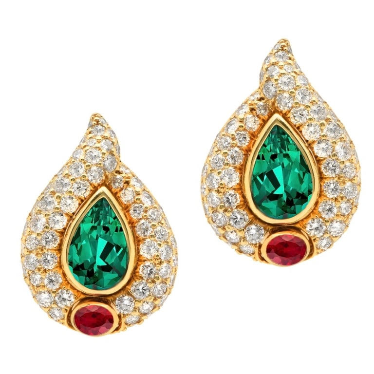 18k Gold Bvlgari Gemstone and Diamond Earrings: 18k Yellow Gold Bvlgari Gemstone and Diamond Stud Earrings -V52005 These exquisite Bvlgari gemstone and diamond stud earrings are crafted in luxurious 18k yellow gold and set with a dazzling arrangeme