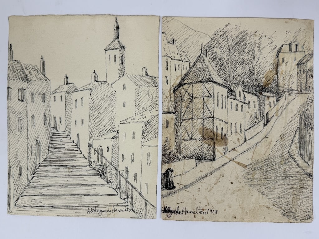 Pair Hildegarde Hamilton (1898-1970) Drawing/Board: Pair of Hildegarde Hume Hamilton, American (1898-1970) drawings on paper depicting street scenes. One signed lower right, other lower left. One work has some staining throughout, other work has very m