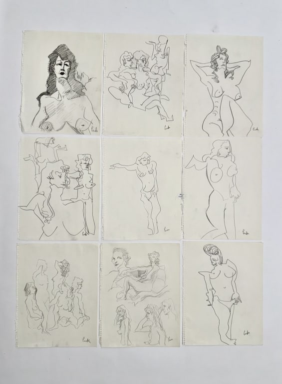 Lot Artist Unknown Sketches "Nude Females": Lot of 9 Artist Unknown sketches pulled from a book of nude females. All sketches signed lower right and unframed. Minor wear along the edges of the papers, otherwise in good condition. Pages measure 