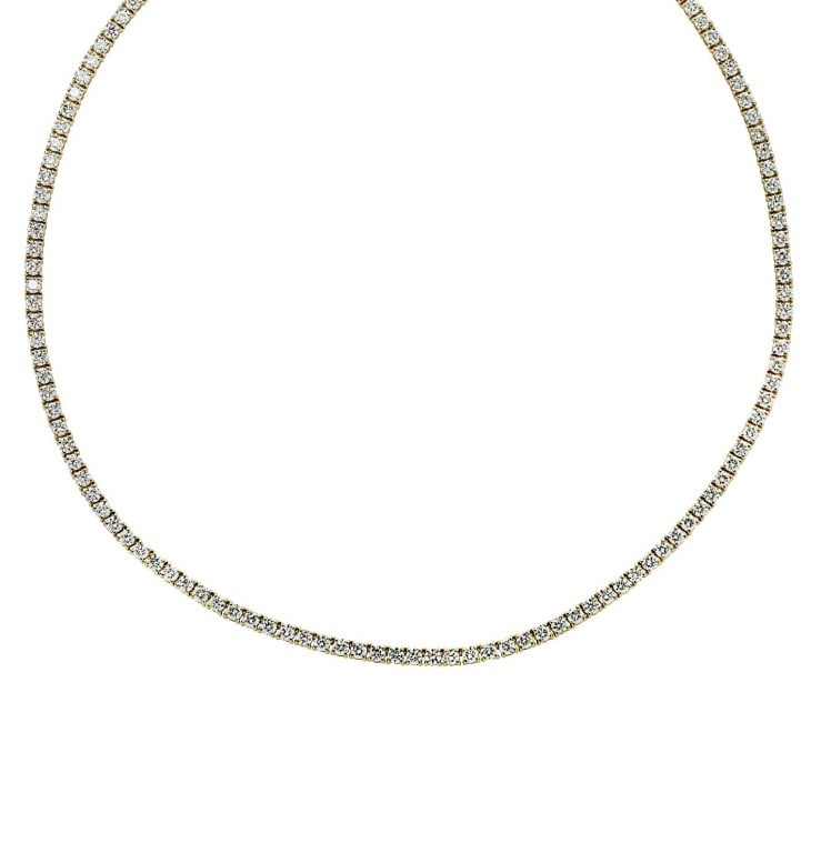 10.38 Carat Straight Line Diamond Tennis Necklace: 10.38 Carat Straight Line Diamond Tennis Necklace-V38429-1 This elegant straight line tennis necklace is crafted in 18k yellow gold and showcases 136 round brilliant diamonds totaling 10.38 carats, fi
