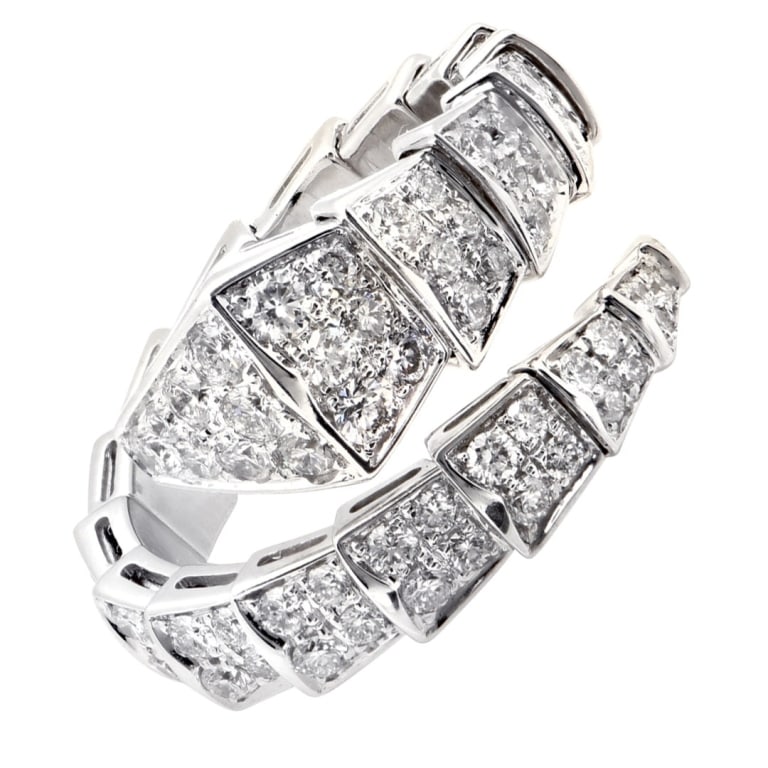 18k White Gold Bvlgari Serpenti Viper Diamond Ring: 18k White Gold Bvlgari Serpenti Viper Diamond Ring - V51994 A striking expression of Bvlgari’s iconic serpent motif, this Serpenti Viper diamond ring is crafted in sleek 18k white gold and set with