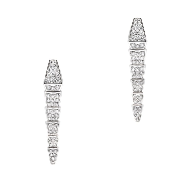 18k White Gold Bvlgari Serpenti Diamond Earrings: 18k White Gold Bvlgari Serpenti Viper Diamond Earrings - V51993 These elegant Bvlgari Serpenti Viper earrings are crafted in luxurious 18k white gold and set with 2.08 carats of brilliant diamonds, sh