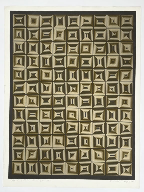 Artist Unknown Signed Screenprint: Artist unknown signed op art screenprint. Signed illegibly lower right, titled illegibly and numbered 11/50 lower left. Some wear along the edges of the work and minor discoloration on the paper, othe