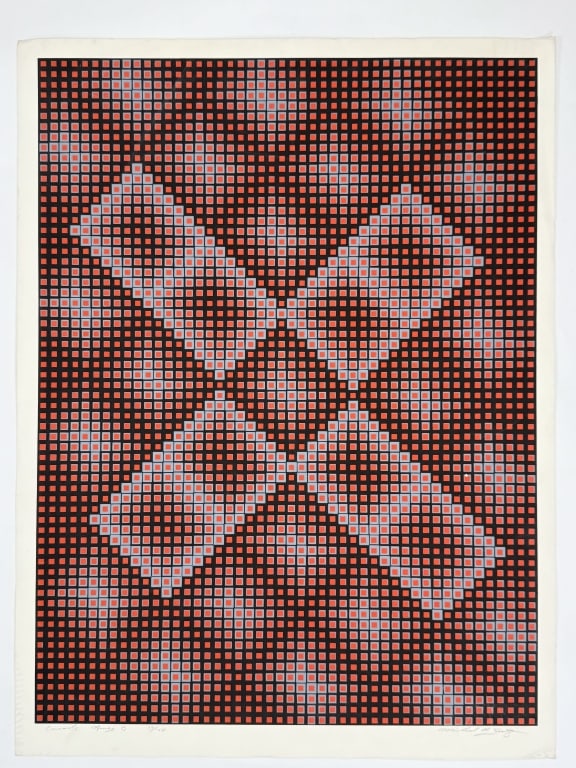 Artist Unknown Signed Screenprint: Artist unknown signed op art screenprint. Signed illegibly lower right, titled illegibly and numbered 14/150 lower left. Some wear along the edges of the work and minor discoloration on the paper, oth