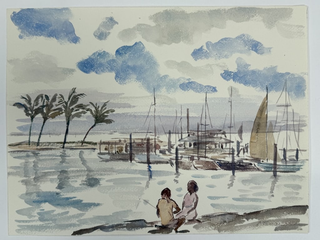 L. Turner (20th c.) Watercolor/Paper: L. Turner (20th c.) watercolor on paper "Lovers Fishing". Signed lower right. Some creases on right side of the work, otherwise in good condition. Measures 12" x 16" 1A